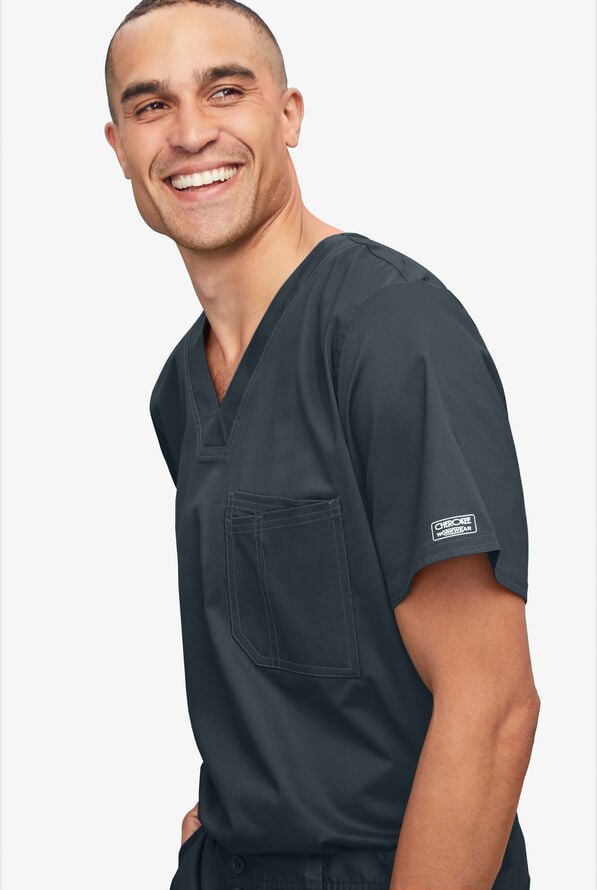 Cherokee Workwear Core STRETCH Men's 2-Pocket V-Neck Scrub Top - Pewter - 2