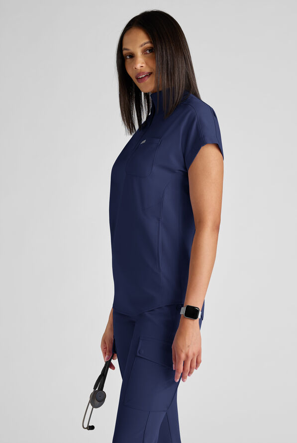 ReSurge Rhine Women's 5-Pocket Oversized Half Zip Stand Collar Scrub Top - Navy - 2