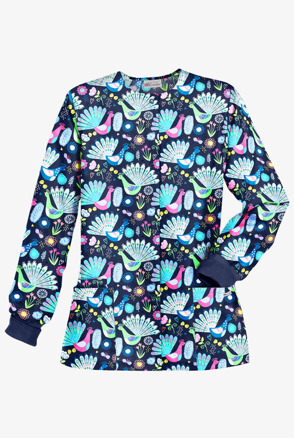 UA Fabulous Peacocks Navy Women's 3-Pocket Snap Front Closure Print Scrub Jacket - null - 1