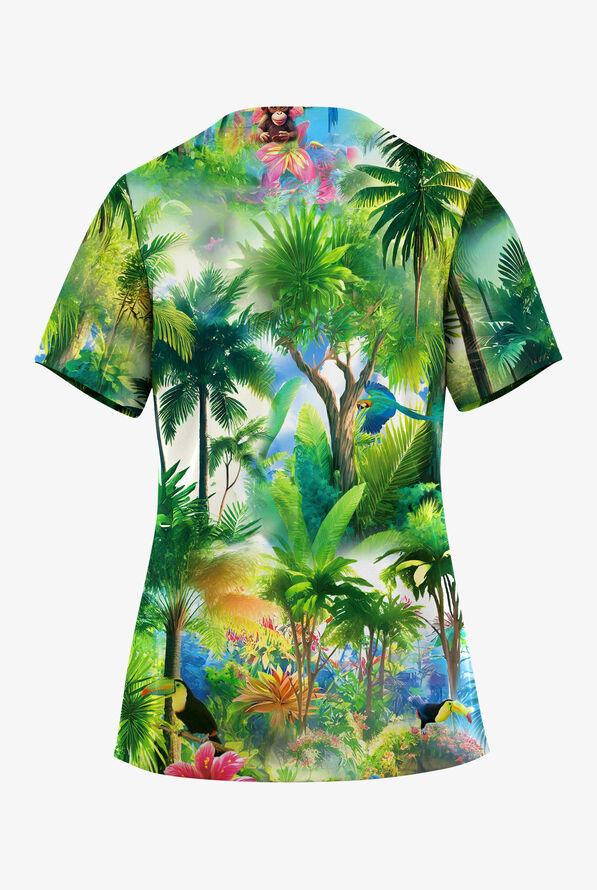 Butter-Soft STRETCH Jungle Friends Hunter Women's 2-Pocket V-Neck Print Scrub Top - null - 2