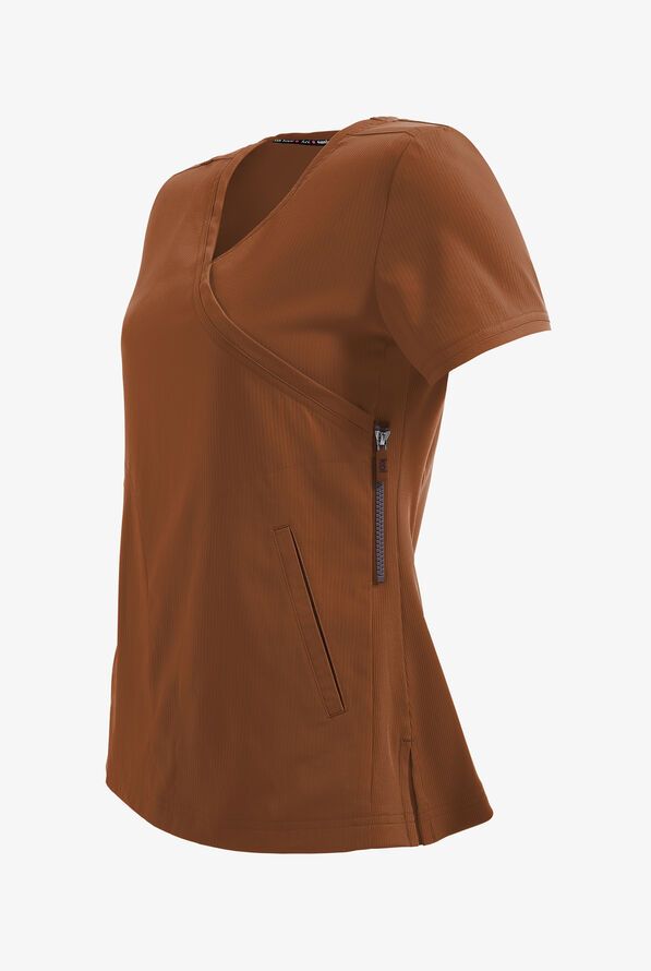 koi Lite™ Philosophy Women's 3-Pocket Mock Wrap Side Zipper Scrub Top - Walnut - 3