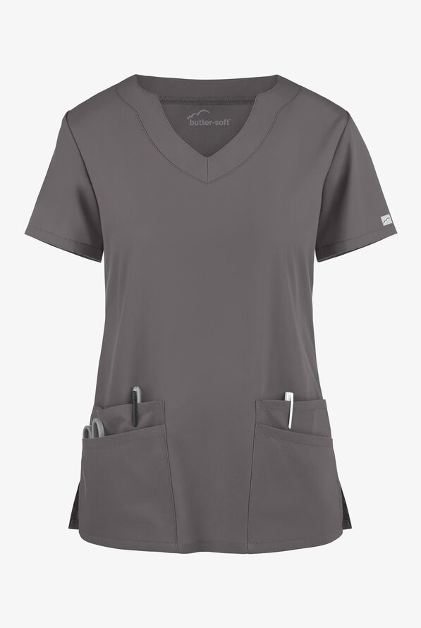 Butter-Soft Core Women's 4-Pocket Scallop Neck Scrub Top - Grey Stone - 1