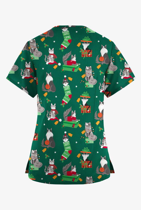 Butter-Soft Originals Playful Christmas Hunter Women's 4-Pocket Rounded V-Neck Print Scrub Top - null - 2