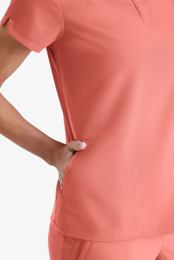 Grey's Anatomy by Barco Spandex STRETCH Avery Women's 2-Pocket Notch Sleeve V-Neck Scrub Top - Bright Papaya - 3