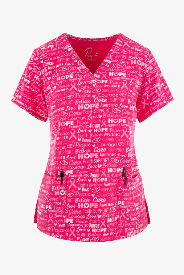 Maevn Pink Hope Awareness Women's 3Pocket STRETCH VNeck Print Scrub