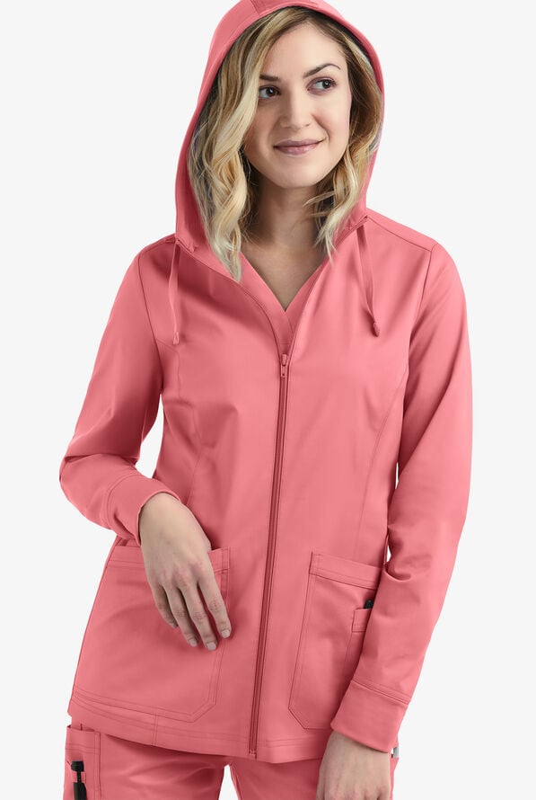 Butter-Soft STRETCH Women's 3-Pocket Zip-Front with Cozy Knit Hood and Trim Scrub Jacket - Guava Fizz - 3