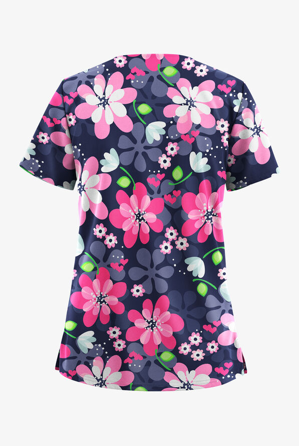 Blusa médica estampada Butter-Soft STRETCH Fantasy Flora Navy con cuello en V y 2 bolsillos para mujer - null - 2