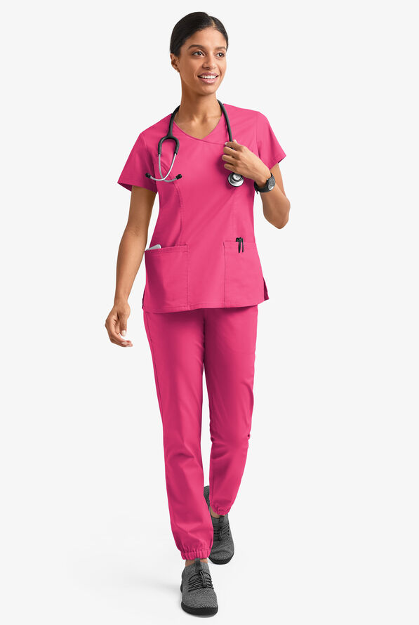 Butter-Soft STRETCH Women's 3-Pocket V-Neck Mock Wrap Scrub Top - Fuchsia - 6