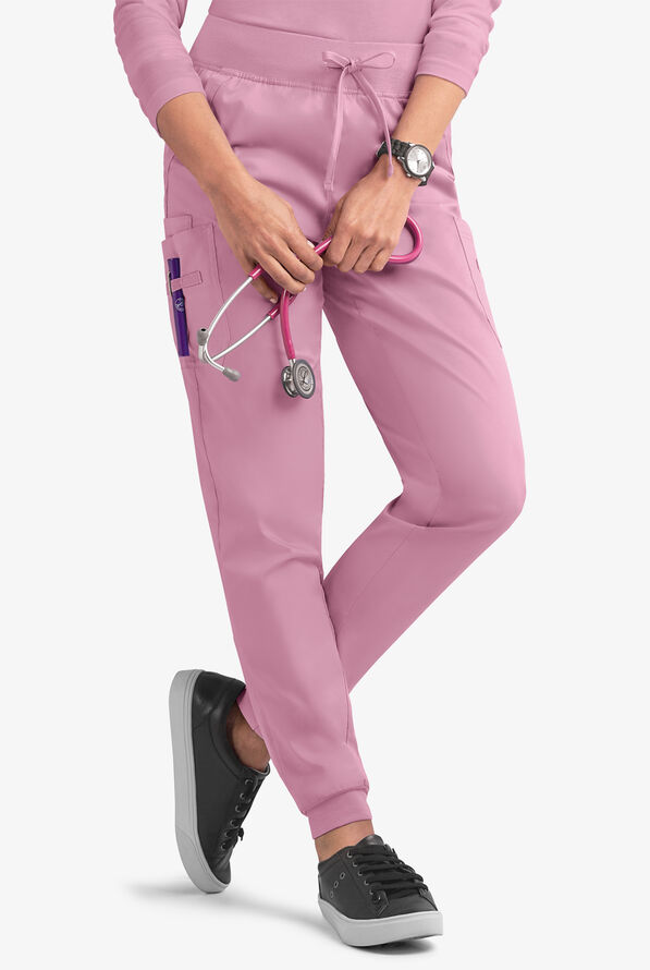 Butter-Soft STRETCH Women's 5-Pocket Cargo Jogger Scrub Pants - Petite - Cherry Blossom - 1