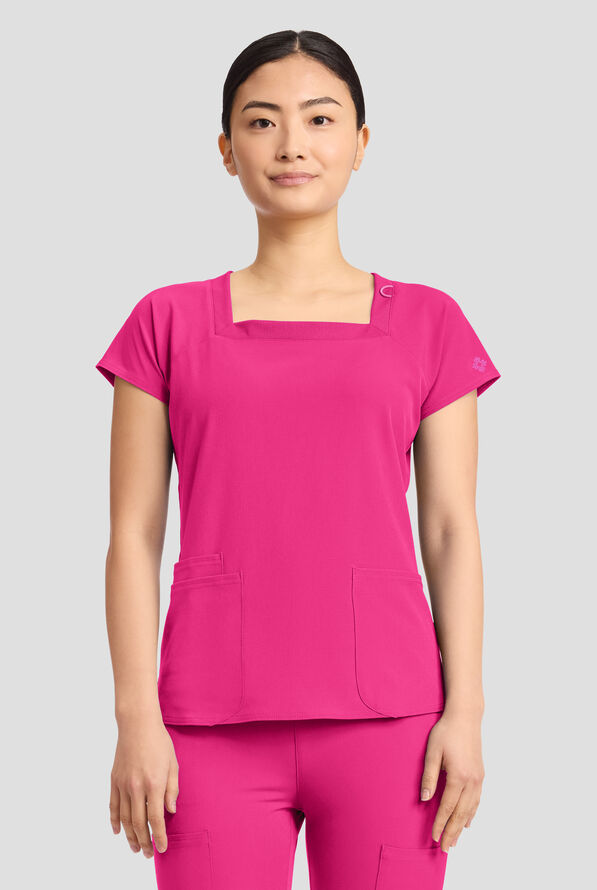 Med Couture Amp Women's 3-Pocket STRETCH Raglan Sleeve Square Neck Scrub Top - Pink Power - 3