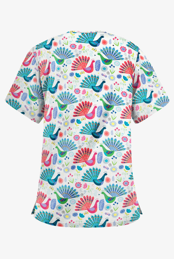 UA Best Buy Fabulous Peacocks White Printed Women's 3-Pocket V-Neck Scrub Top - null - 2