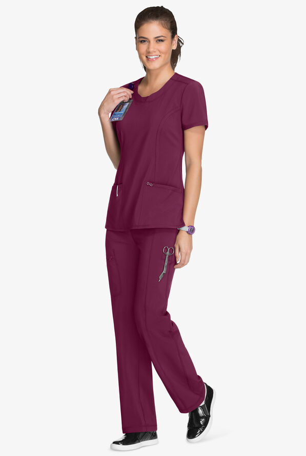 Infinity Women's 3-Pocket STRETCH Round Neck Scrub Top - Wine - 2