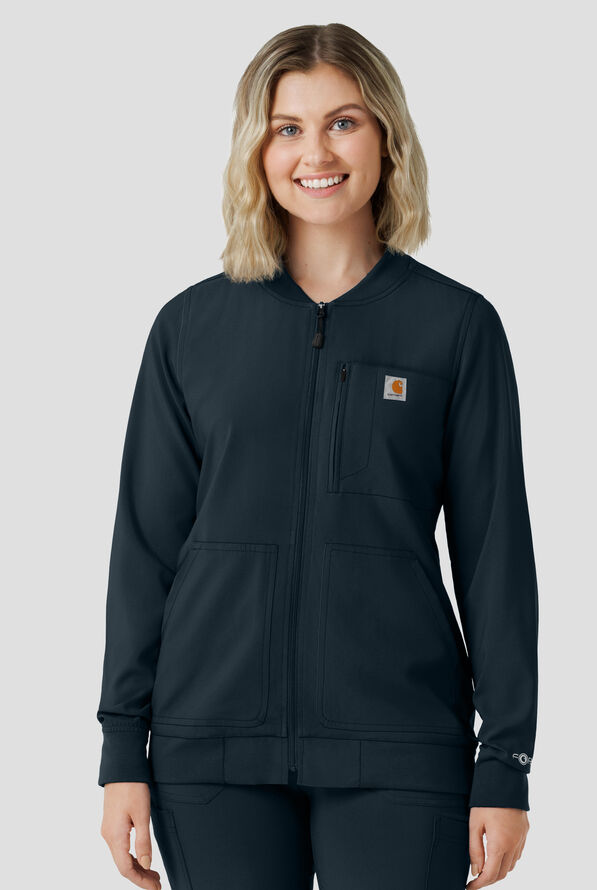 Carhartt Force Cross-Flex Rugged Flex Women's 6-Pocket Rib Trim Lightweight Zip Bomber Scrub Jacket - Navy - 3