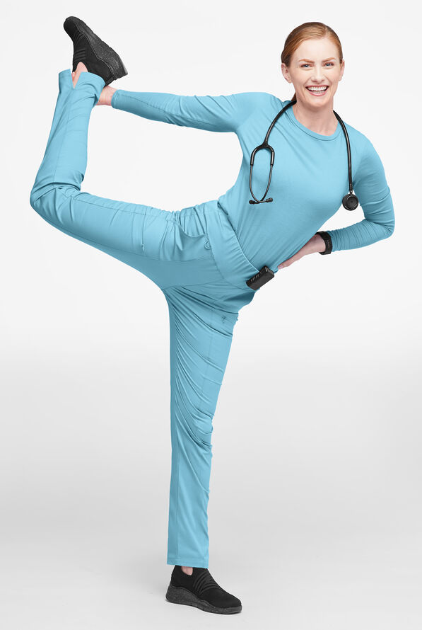 Butter-Soft STRETCH Women's 6-Pocket High Waisted Slim Leg Yoga Scrub Pants - Petite - Poolside View - 4