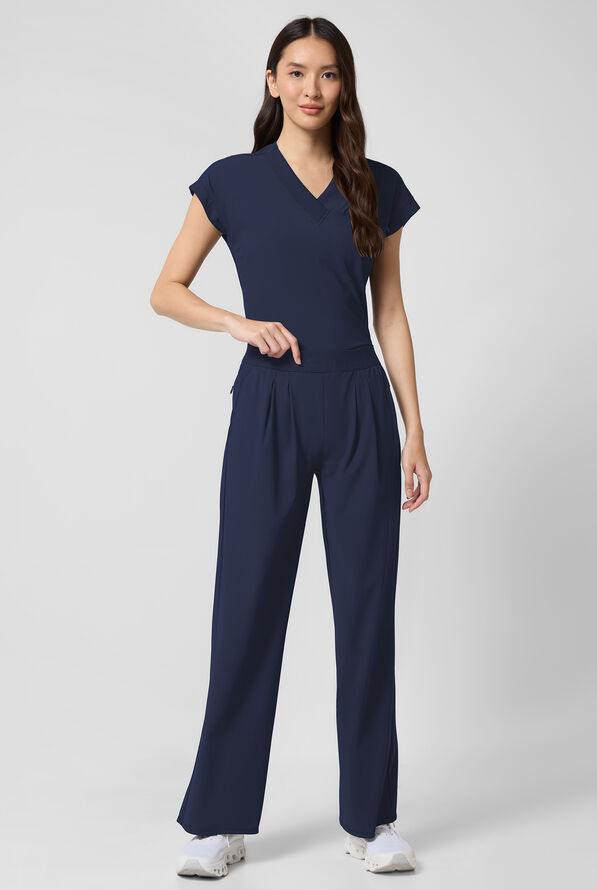 Infinity Pursuit Women's 3-Pocket STRETCH Pull On Pleated Wide Leg Scrub Pant - Navy - 4