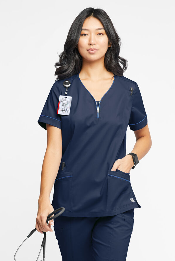 Butter-Soft STRETCH Women's 5-Pocket V-Neck with Front Zipper Scrub Top - Navy/Ceil - 2