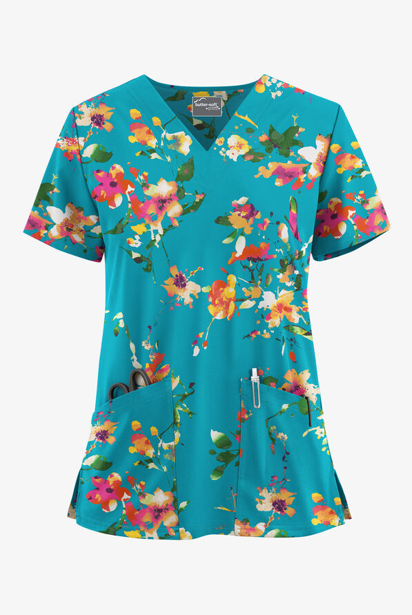 Butter-Soft STRETCH Abstract Garden Turquoise Women's 2-Pocket V-Neck Print Scrub Top - null - 1