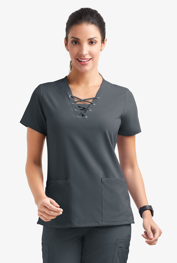 Easy STRETCH Gisele Women's 4-Pocket Lace Up V-Neck Scrub Top - Pewter - 2