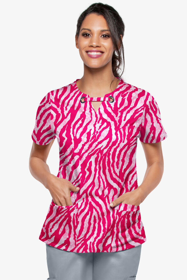 Butter-Soft STRETCH Tiger Fantasy Fuchsia Women's 4-Pocket Grommet Print Scrub Top - null - 2