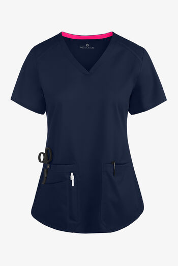Blusa m&eacute;dica Med Couture Touch STRETCH con cuello en V, paneles laterales acanalados, fald&oacute;n camisero y 3 bolsillos para mujer