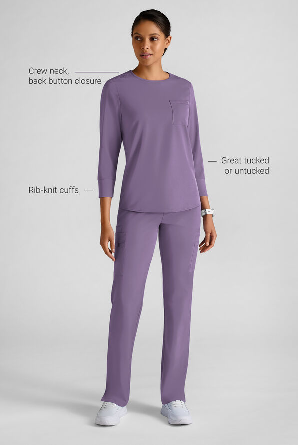 WhisperLite LYRA Women's 2-Pocket STRETCH 3/4" Sleeve Scrub Top - PURPLE DUSK - 3