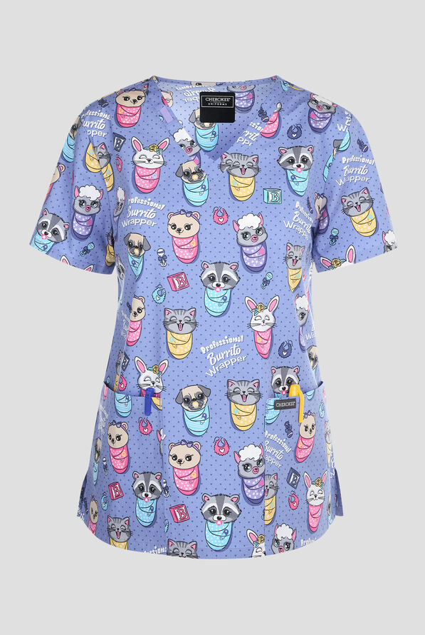 Cherokee Baby Burritos Women's 2-Pocket STRETCH V-Neck Print Scrub Top - null - 1