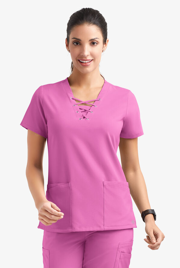 Easy STRETCH Gisele Women's 4-Pocket Lace Up V-Neck Scrub Top - Magnesium Pink - 2