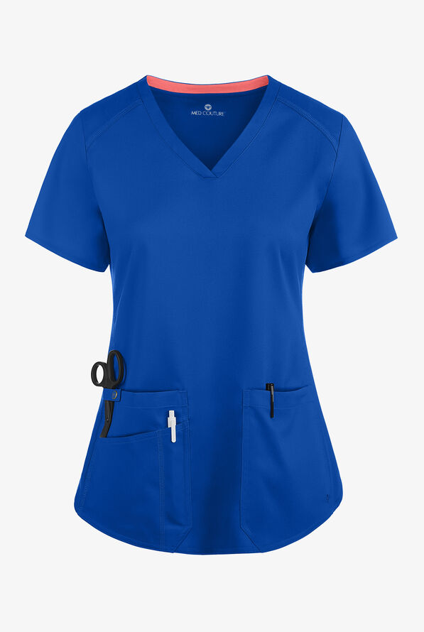 Med Couture Touch Women's 3-Pocket STRETCH Rib-Knit Side Panels Shirttail V- Neck Scrub Top - Royal - 1