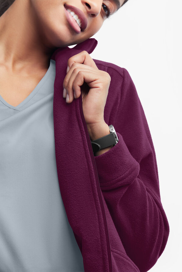 Butter-Soft STRETCH Women's 2-Pocket Zip Front Fleece Scrub Jacket - Wine - 3
