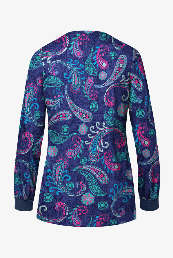 Butter-Soft STRETCH Vibrant Paisley Women's 3-Pocket Long Sleeve Snap Front Print Scrub Jacket - null - 2