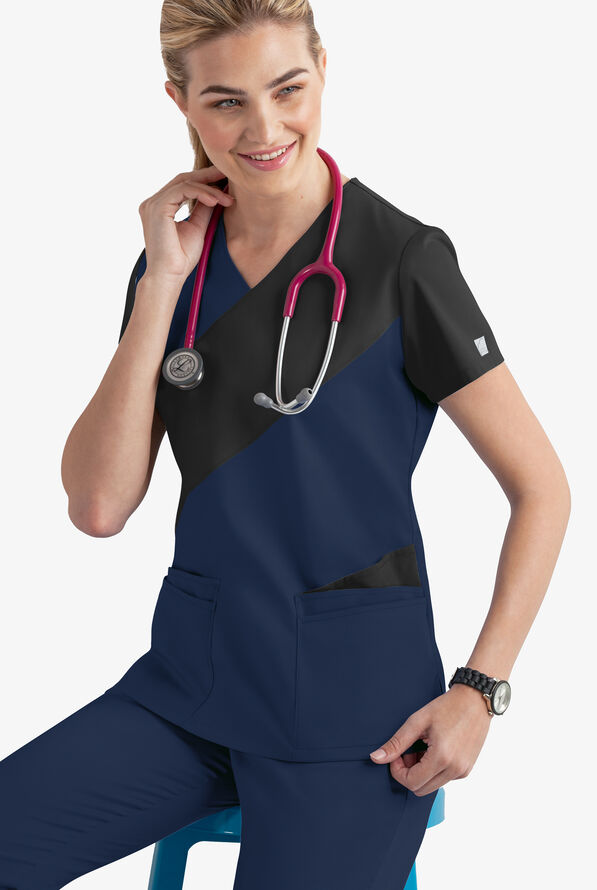 Butter-Soft STRETCH Women's 5-Pocket Asymmetric Scrub Top - Navy/Black - 2