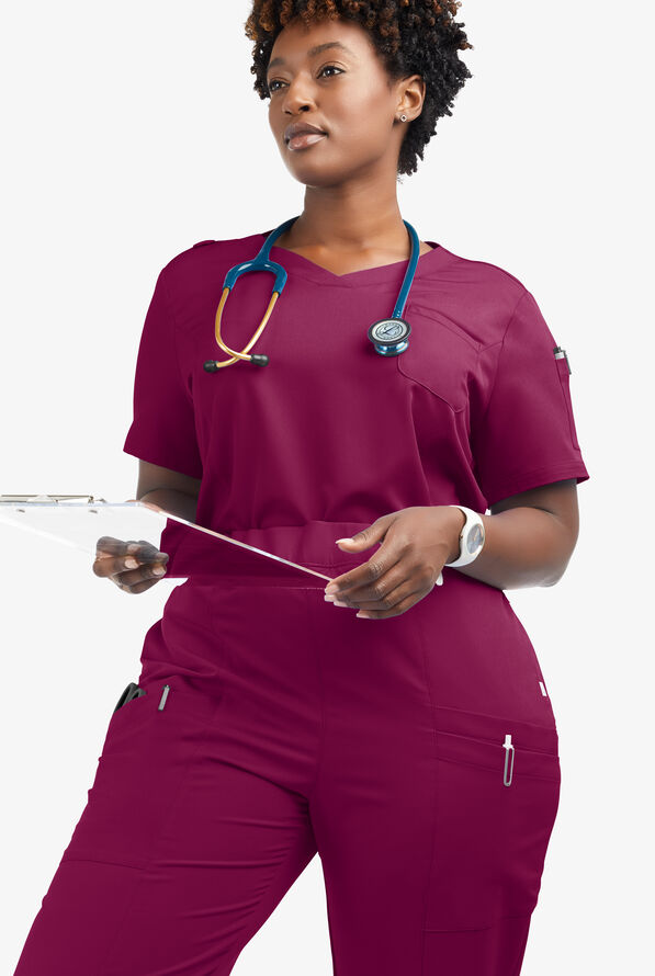 Butter-Soft Women's 3-Pocket V-Neck Tuck-In Scrub Top **Slightly IRREGULAR** - Wine - 5