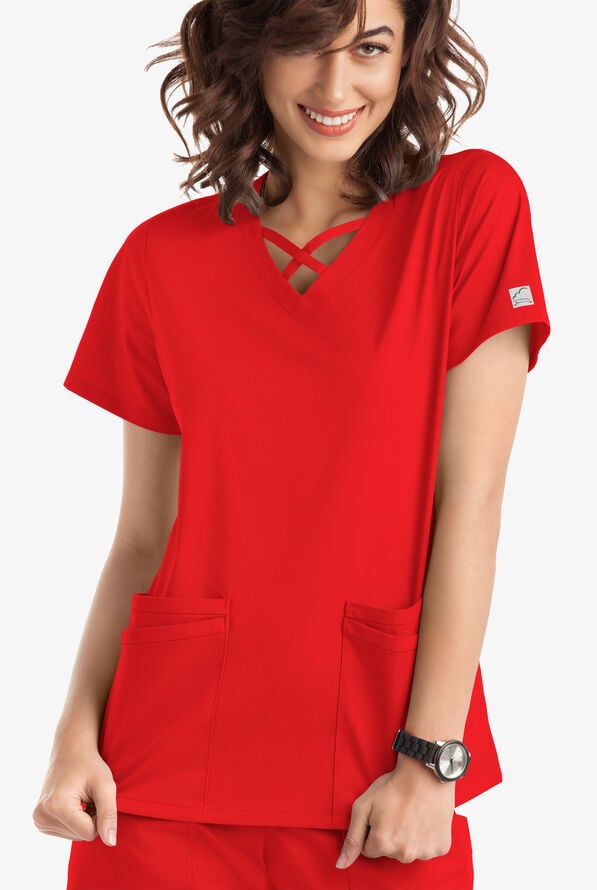 Blusa m&eacute;dica UA Butter-Soft STRETCH con lazos entrecruzados y 4 bolsillos para mujer - Venetian Red - 2