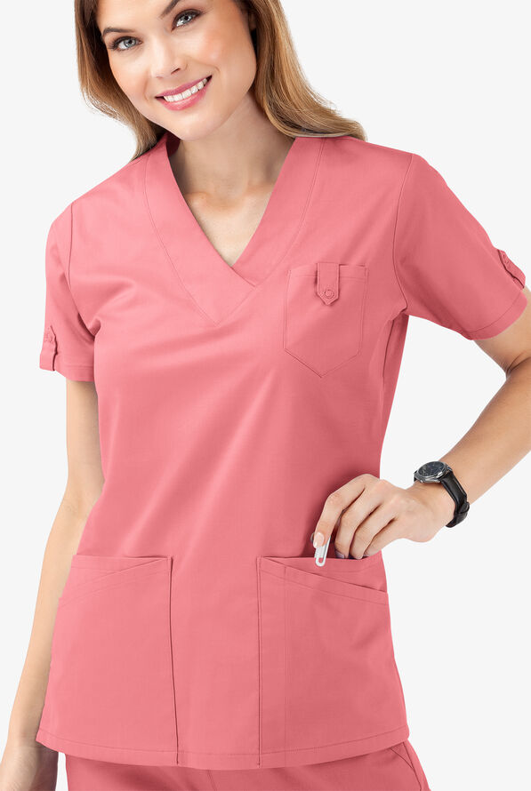 Butter-Soft STRETCH Women's 6-Pocket V-Neck Scrub Top - Guava Fizz - 5