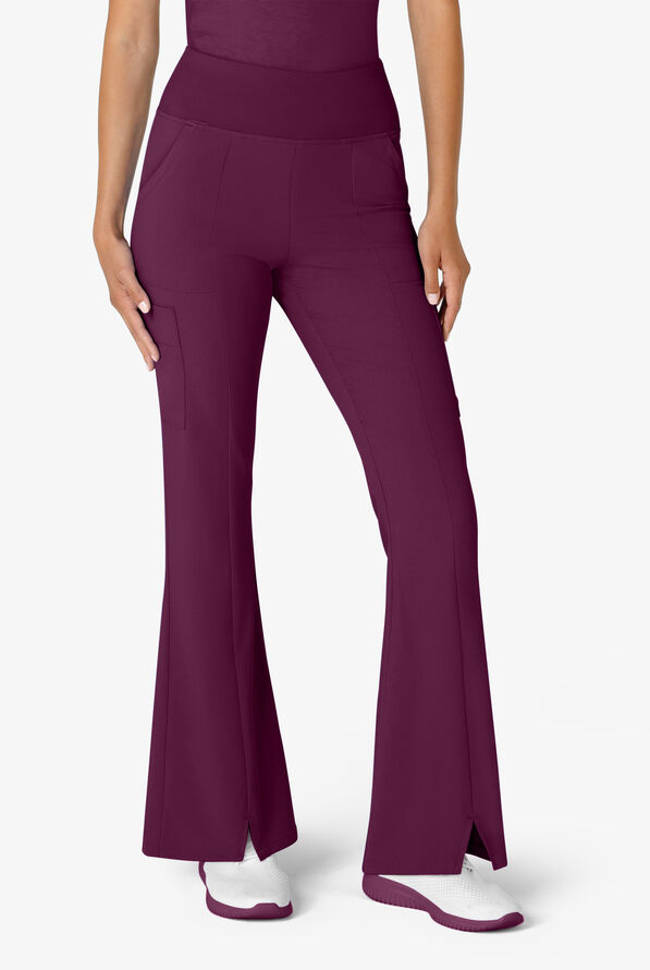 Wink Renew Women's 7-Pocket STRETCH Yoga Waist Flare Notch Leg Cargo Scrub Pants - Wine - 1