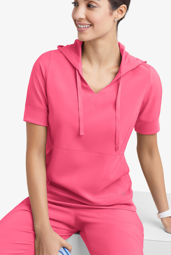 Easy STRETCH True Women's 3-Pocket Short Sleeve Pull-Over Scrub Hoodie - Strawberry Fizz - 1