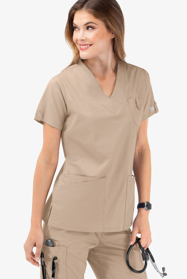 Butter-Soft STRETCH Women's 6-Pocket V-Neck Scrub Top - Iced Latte - 6