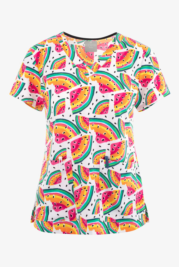 Med Couture Watercolor Watermelon Women's 2-Pocket STRETCH V-Neck Print Scrub Top - null - 1