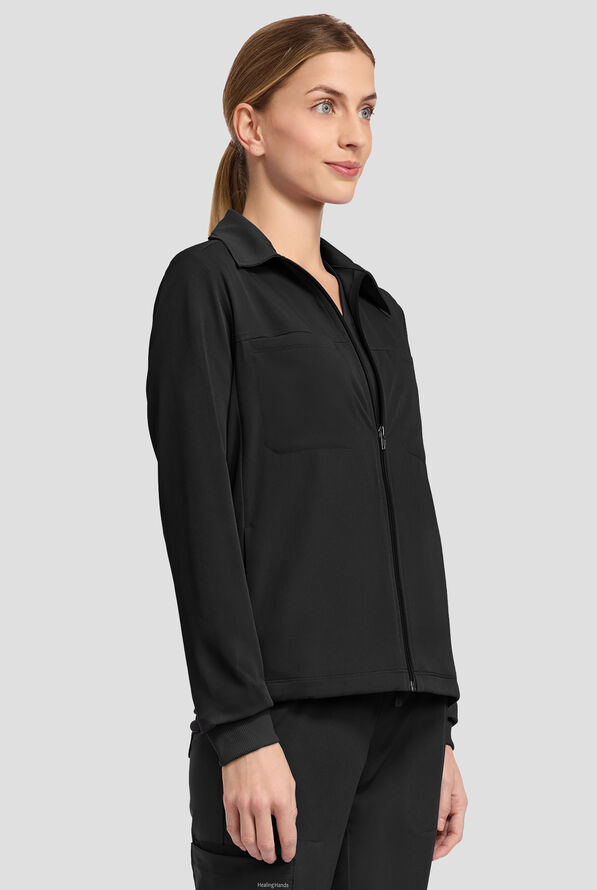 HH Works by Healing Hands Women's 7-Pocket STRETCH Shirt Collar Zip Front Scrub Jacket - Black - 2