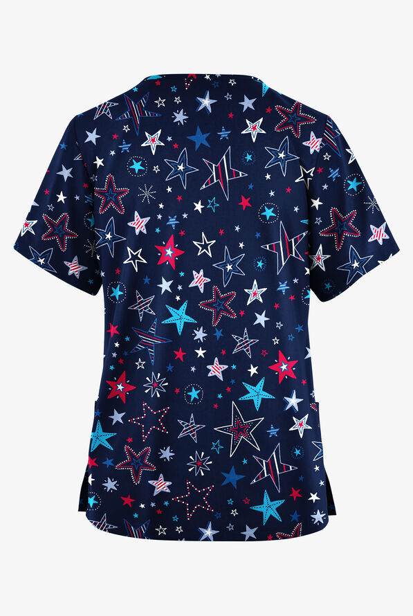 Butter-Soft Originals Patriotic Stars Navy Women's 2-Pocket V-Neck Print Scrub Top - null - 2
