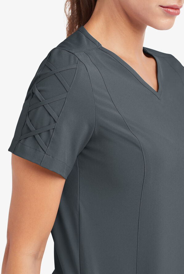 Easy STRETCH Kylie Woman's 5 Pocket V-Neck With Criss-Cross Detail Scrub Top - Pewter - 6