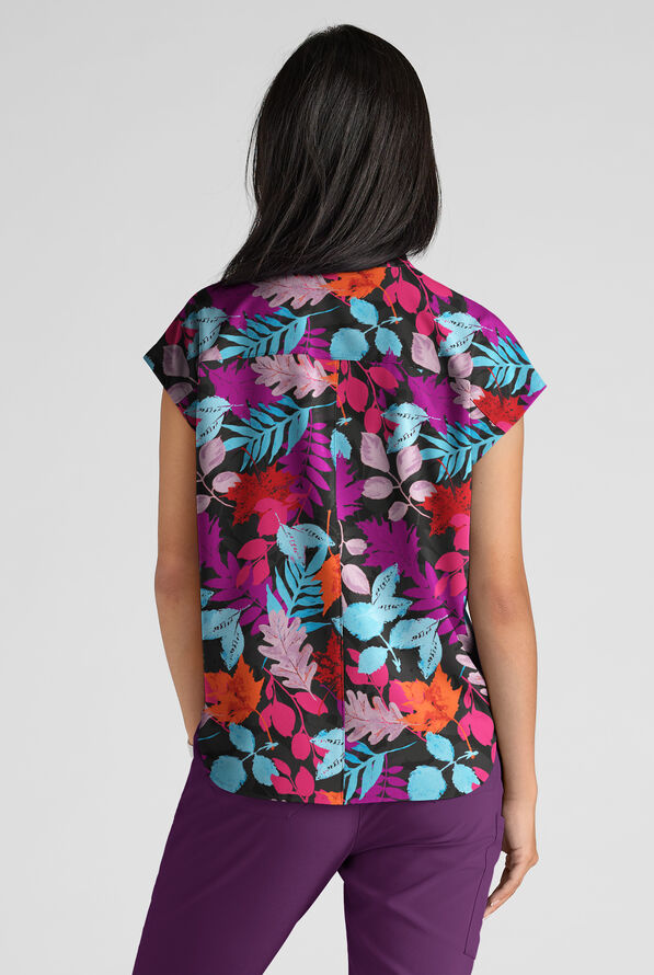 Blusa médica estampada Butter-soft STRETCH Rustling Leaves Turquoise de corte holgado (oversize) con 2 bolsillos para mujer - null - 2