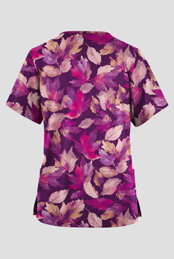 Blusa médica estampada Butter-soft Originals Leaves Of Autumn Eggplant con cuello en V y 2 bolsillos para mujer - null - 2