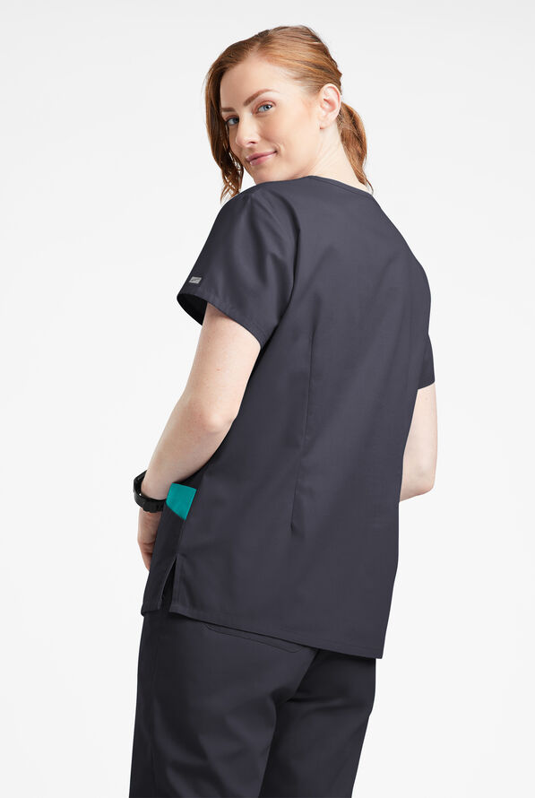 Blusa m&eacute;dica Butter-Soft Originals con cuello en V curvo y 7 bolsillos para mujer - Pewter/Teal - 3