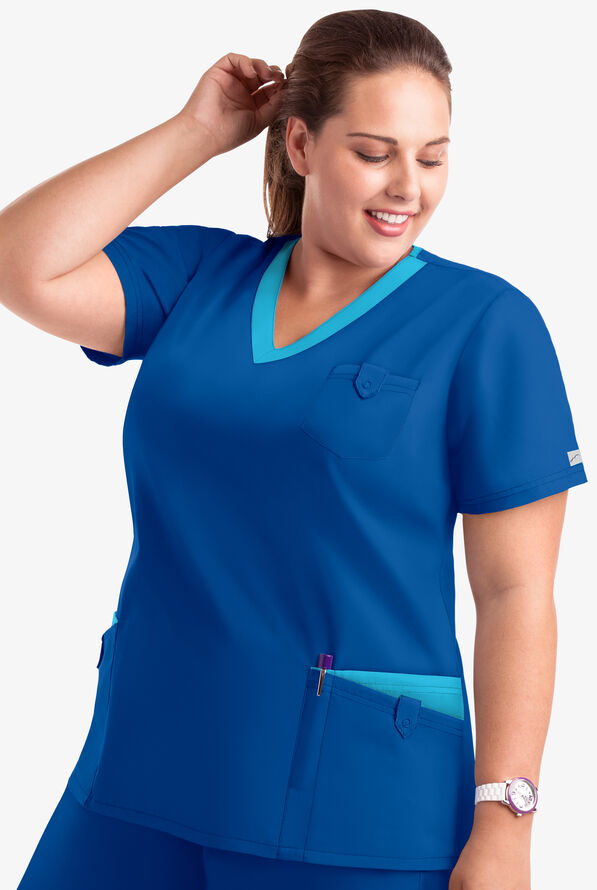 Butter-Soft Core Women's 5-Pocket Rounded V-Neck Scrub Top - Royal/Turquoise - 4
