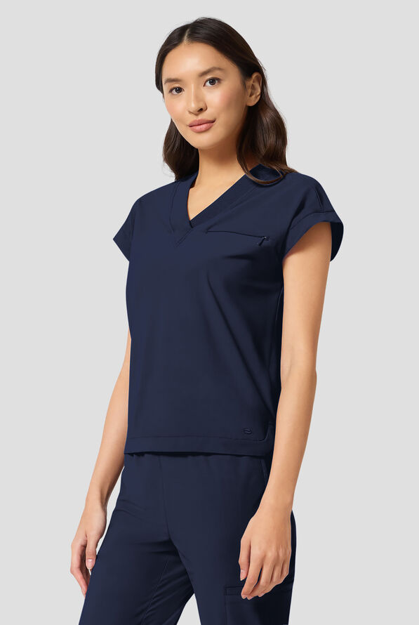 Blusa m&eacute;dica Infinity Pursuit STRETCH con cuello en V de punto acanalado y 1 bolsillo para mujer - Navy - 2