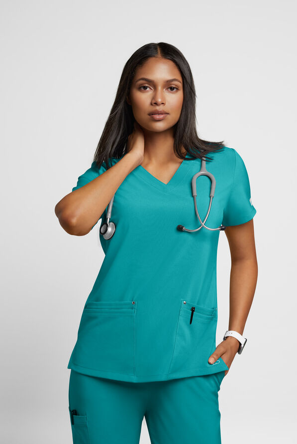 Easy STRETCH Lina Mitered Women's 4-Pocket V-Neck Scrub Top - Teal - 2