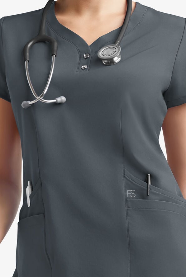 Easy STRETCH Demi Women's 4-Pocket Henley Scrub Top - Pewter - 5