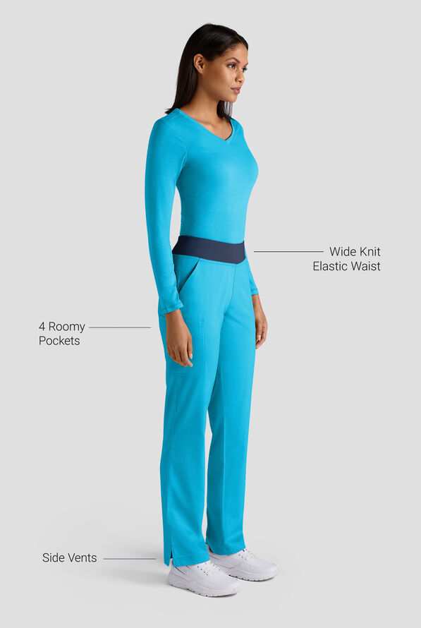 Butter-Soft STRETCH Women's 4-Pocket Knit Waistband Yoga Scrub Pants - Tall - Turquoise/Navy - 3