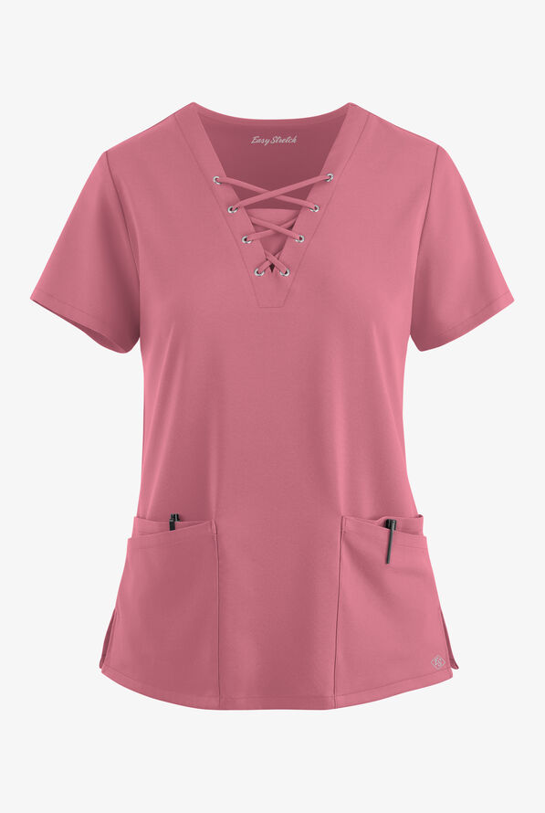 Easy STRETCH Gisele Women's 4-Pocket Lace Up V-Neck Scrub Top - Tea Rose - 1